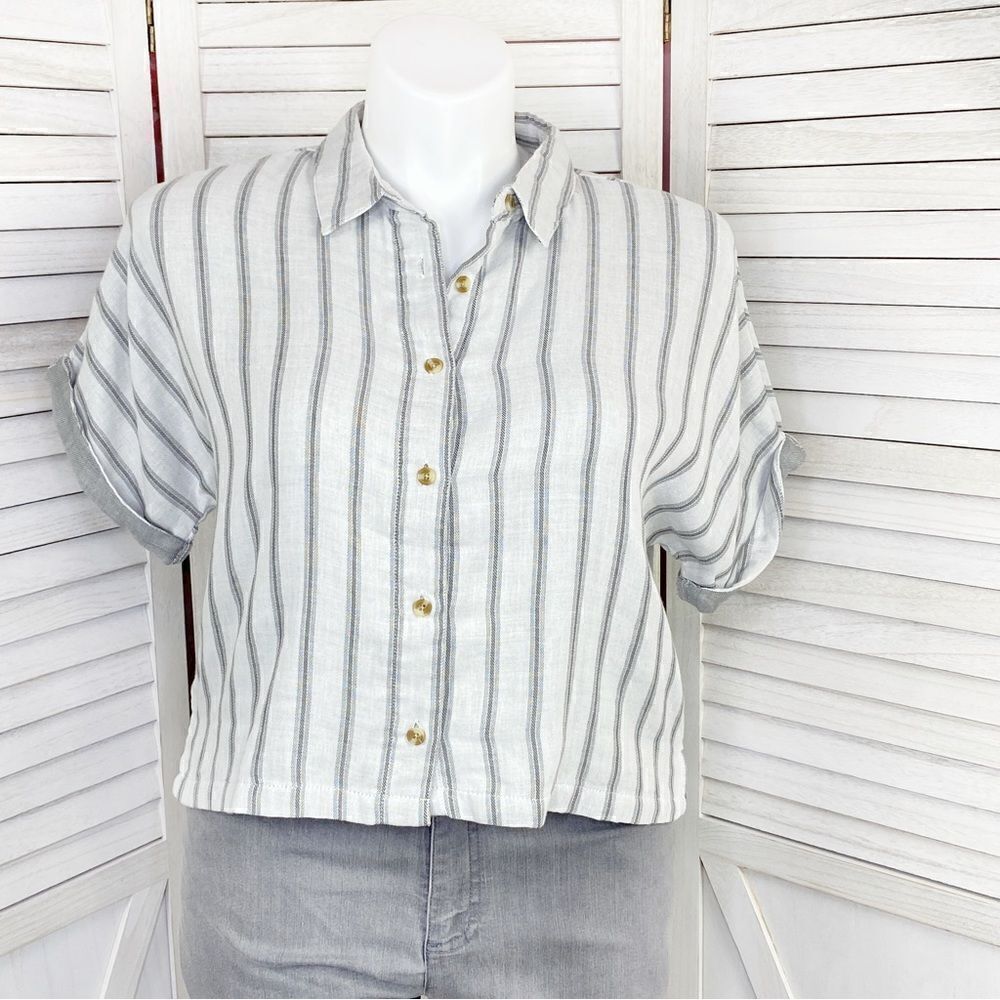 Thread &‎ Supply Striped Button Front Crop Shirt White Gray XL